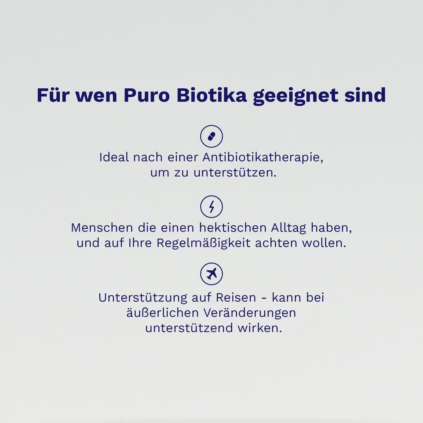 Der Text auf der Grafik beschreibt die Zielgruppe für Puro Biotika von Puromedica. Es wird hervorgehoben, dass das Produkt ideal nach einer Antibiotikatherapie zur Unterstützung geeignet ist und Menschen anspricht, die einen.