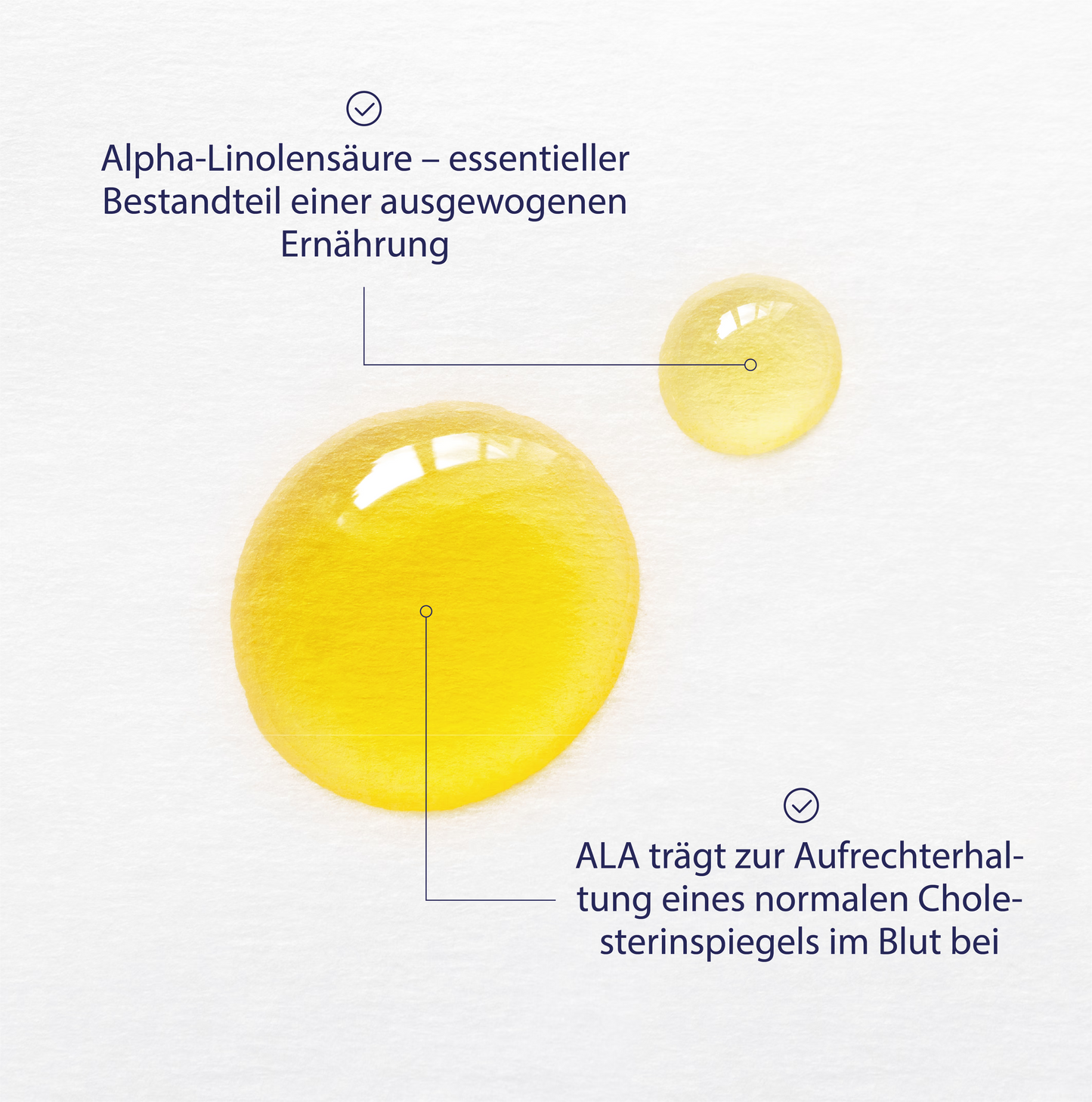 Zwei Tropfen gelbliches Öl auf einem weißen Hintergrund, wobei der größere Tropfen links und der kleinere Tropfen rechts positioniert ist.