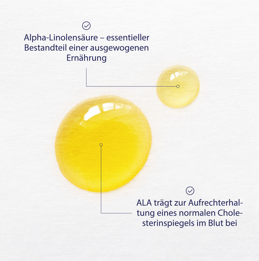 Zwei Tropfen gelbliches Öl auf einem weißen Hintergrund, wobei der größere Tropfen links und der kleinere Tropfen rechts positioniert ist.