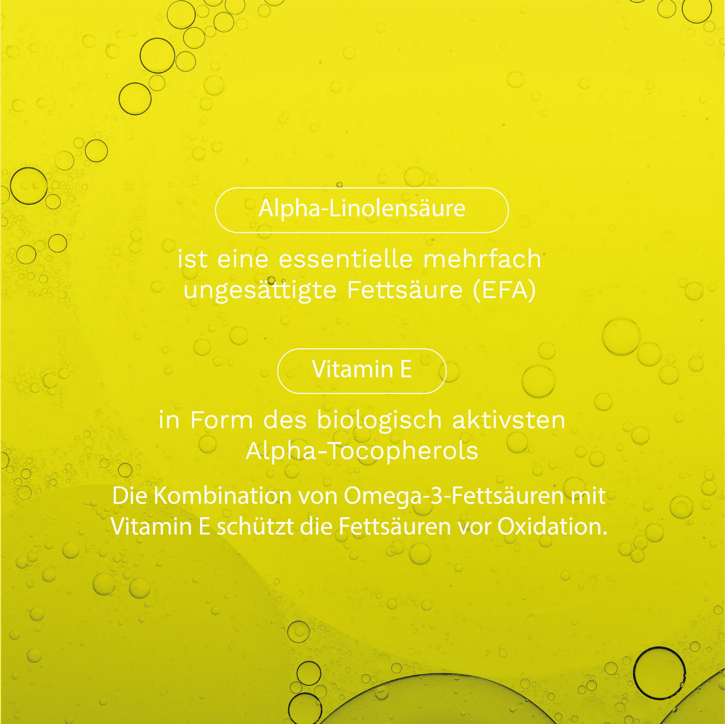 Eine gelbe Hintergrundfläche zeigt verschiedene Wassertropfen und Ölblasen, die eine frische und natürliche Atmosphäre vermitteln.