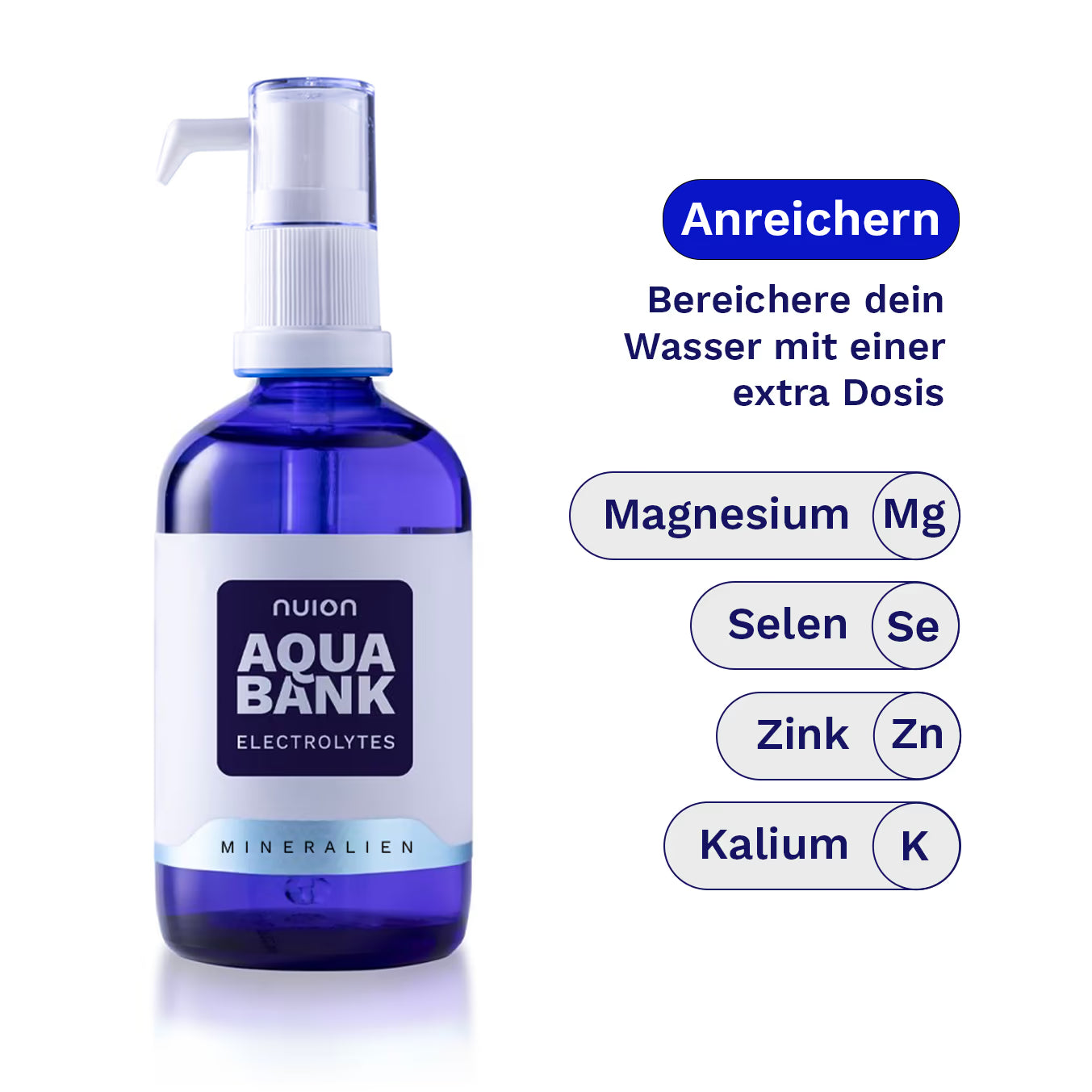 Die Flasche mit dem Etikett Aqua Bank von Puromedica zeigt eine transparente Flüssigkeit in einem blauen, transparenten Behälter mit einer Pumpvorrichtung.