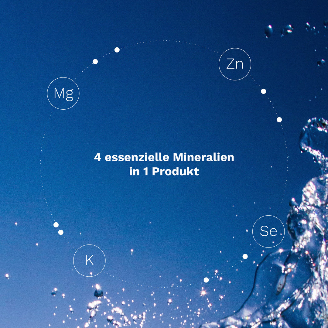 Ein klarer blauer Himmel mit Wasserblasen, die an der unteren Bildhälfte aufsteigen. In der Mitte des Bildes sind die Symbole für vier essentielle Mineralien – Magnesium (Mg), Zink (Zn), Kalium (K) und Selen (Se) – angeordnet, umgeben.