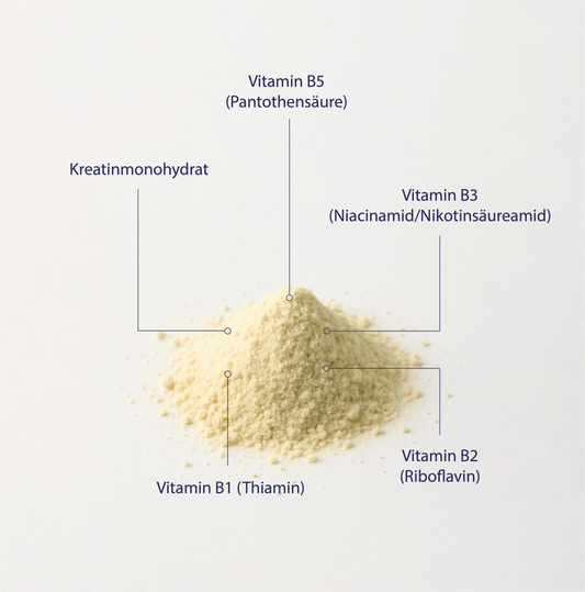 Ein Haufen gelbes Pulver, das Kreatinmonohydrat darstellt, ist auf einem neutralen Hintergrund abgebildet.