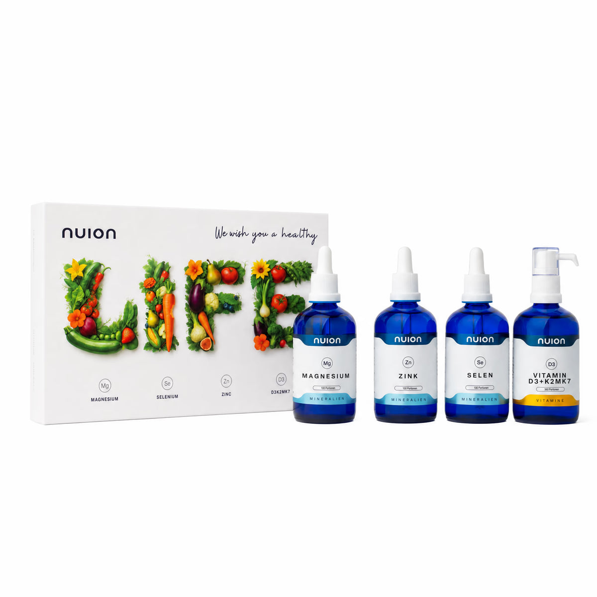 Das Bild zeigt das Life Set von nuion, das aus vier blauen Fläschchen mit Pipetten besteht, die Magnesium, Zink, Selen und Vitamin D3 enthalten.