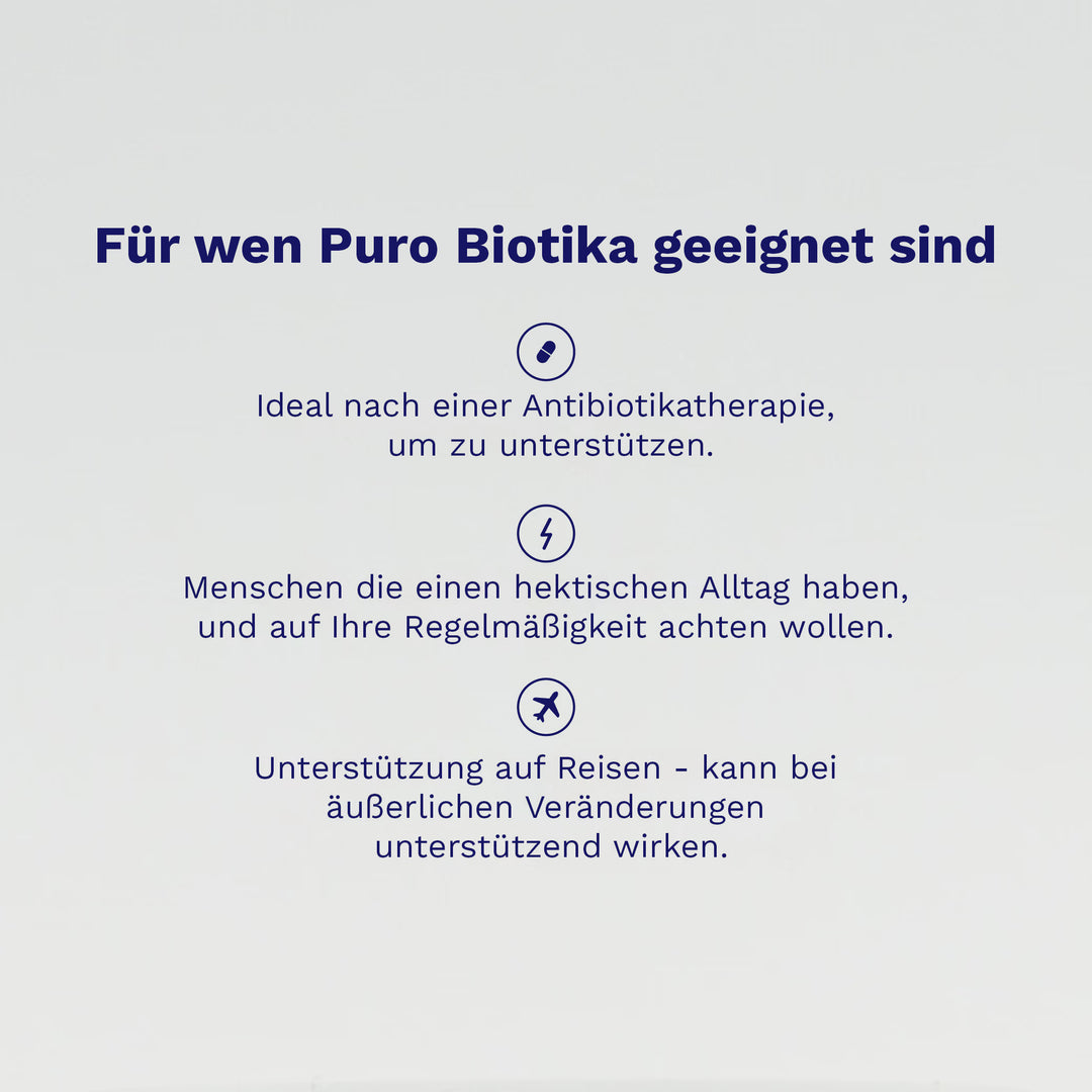 Der Text beschreibt, für wen die Puro Biotika Kapseln von Puromedica geeignet sind. Es wird betont, dass sie ideal nach einer Antibiotikatherapie sind, Menschen mit einem hektischen Alltag helfen und Unterstützung auf Reisen bieten.
