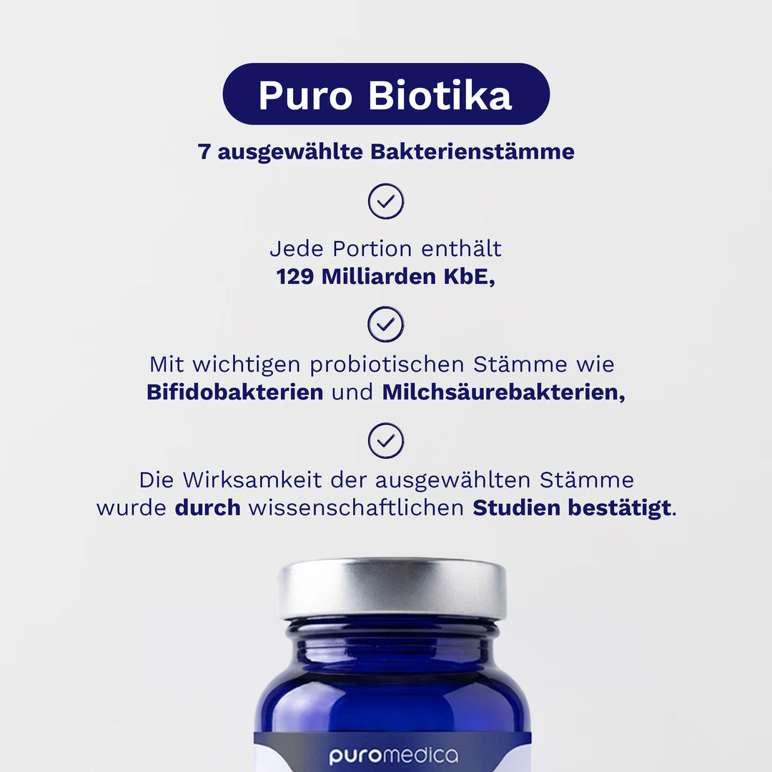 Das Bild zeigt die Verpackung der Puro Biotika Kapseln von Puromedica. Auf der Verpackung sind Informationen über die Bakterienstämme, die enthaltenen 129 Milliarden kBE pro Portion sowie die wissenschaftliche Bestätigung der.