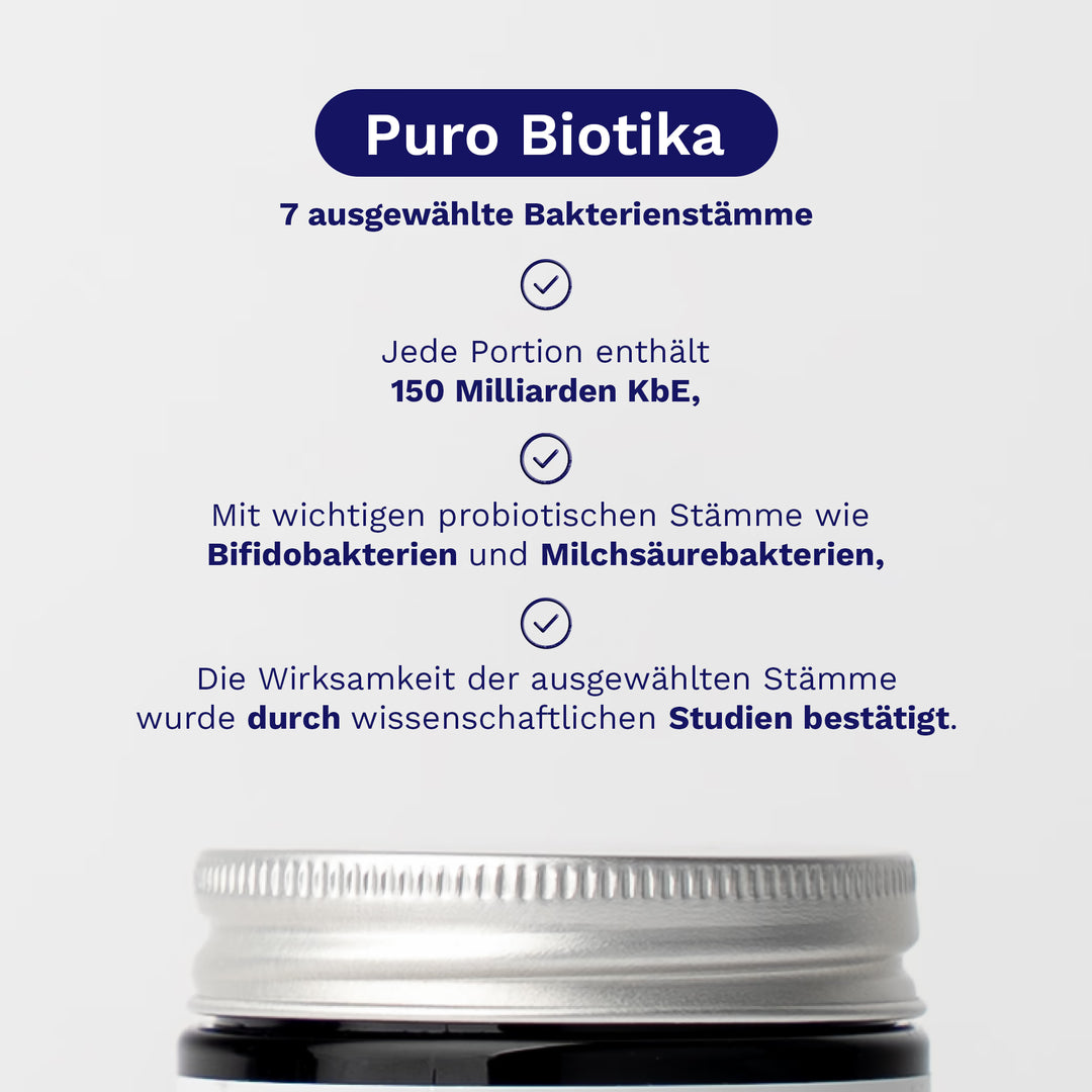Alt-Text: Das Bild zeigt die Verpackung von Puro Biotika, einem Produkt der Firma Puromedica. Auf der weißen Hintergrundfläche sind die Informationen über die sieben ausgewählten Bakterienstämme, die enthaltenen 150 Milliarden kBE pro.