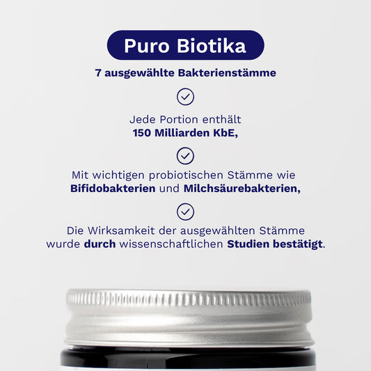 Alt-Text: Das Bild zeigt die Verpackung von Puro Biotika, einem Produkt der Firma Puromedica. Auf der weißen Hintergrundfläche sind die Informationen über die sieben ausgewählten Bakterienstämme, die enthaltenen 150 Milliarden kBE pro.