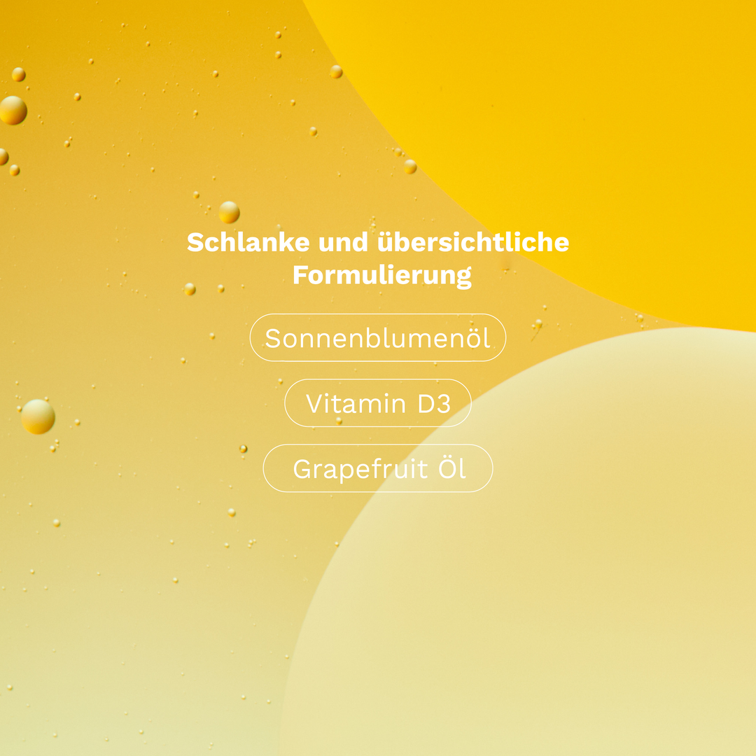 Ein sanfter, gelber Hintergrund zeigt die Begriffe Schlanke und übersichtliche Formulierung, Sonnenblumenöl, Vitamin D3 und Grapefruitöl in klarer Schrift.
