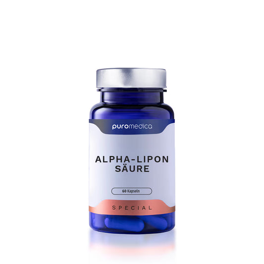 Ein blauer Glasbehälter mit einem silbernen Deckel enthält 60 Kapseln von Puromedica, die als Alpha-Lipon Säure gekennzeichnet sind.