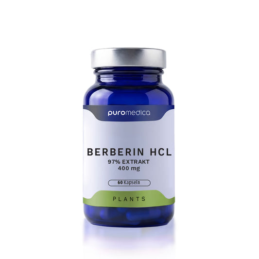 Ein blauer Glasbehälter mit einem weißen Etikett trägt die Aufschrift Berberin HCL 97% Extrakt 400 mg und enthält 60 Kapseln.