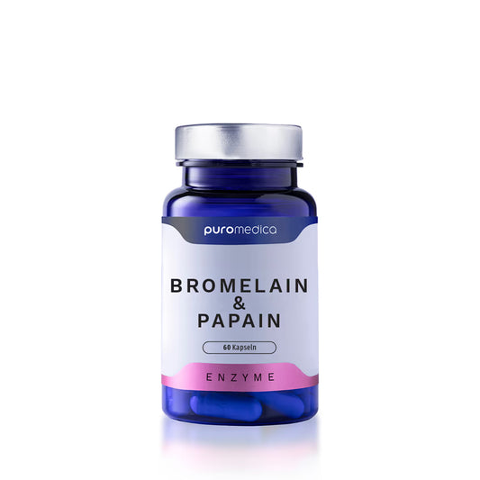 Das Bild zeigt die Packung von Bromelain & Papain von Puromedica. Die transparente Flasche enthält 60 Kapseln und ist mit einem modernen Etikett versehen, das den Produktnamen und die Kategorie Enzyme deutlich hervorhebt.