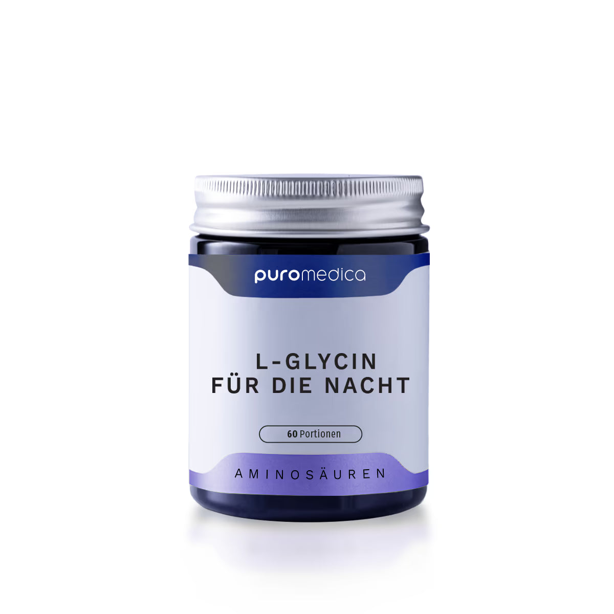 Das Bild zeigt einen transparenten Behälter mit einem silbernen Schraubdeckel, der das Produkt L-Glycin für die Nacht von Puromedica enthält.