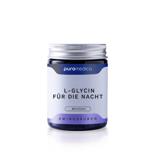 Das Bild zeigt ein hochwertiges Glasgefäß mit dem Produkt „L-Glycin für die Nacht“ von Puromedica. Der Behälter hat ein modernes Design und enthält 60 Portionen dieser veganen Aminosäure, die aus pflanzlichen Rohstoffen hergestellt wird.