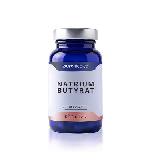 Ein blauer Glasbehälter mit einem silbernen Deckel enthält 90 Kapseln von Natriumbutyrat, einem Produkt von Puromedica.