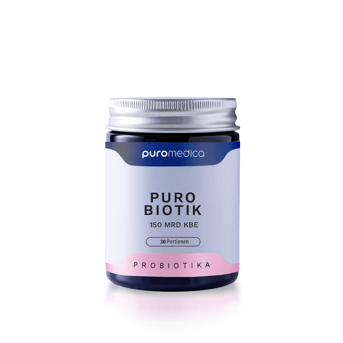 Das Bild zeigt ein Glasbehälter mit dem Produkt Puro Biotik von Puromedica. Der Behälter ist in einem modernen Design gehalten, mit einer hellblauen und rosa Farbgestaltung, und enthält 30 Portionen eines probiotischen.