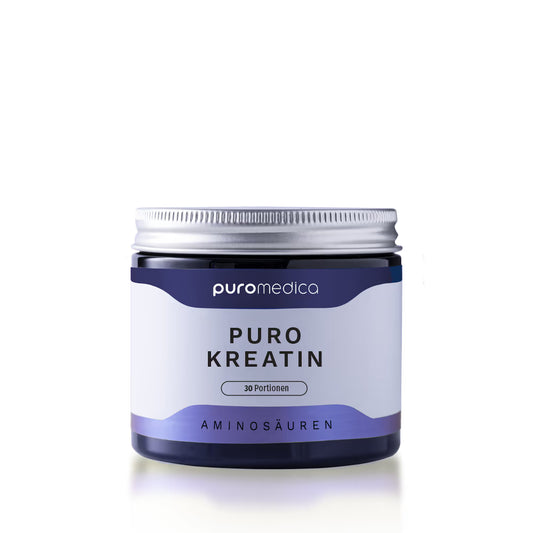 Das Bild zeigt einen schwarzen Behälter mit einem silbernen Schraubdeckel, der das Produkt Puro Kreatin von Puromedica enthält.