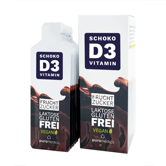 Ein Packungsdesign der Puromedica Vitamin D3 Schokolade zeigt eine elegante, moderne Verpackung mit einem schokoladigen Hintergrund.