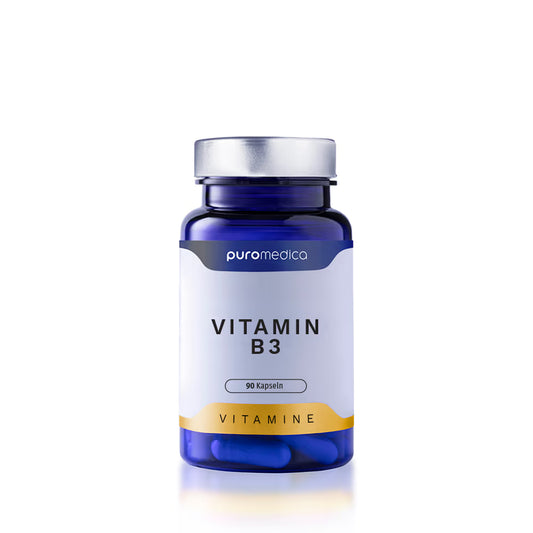 Das Bild zeigt eine blaue Flasche mit dem Etikett Vitamin B3 von Puromedica. Die Flasche enthält 90 Kapseln und ist auf einem weißen Hintergrund platziert, was die Produktdetails klar hervorhebt.